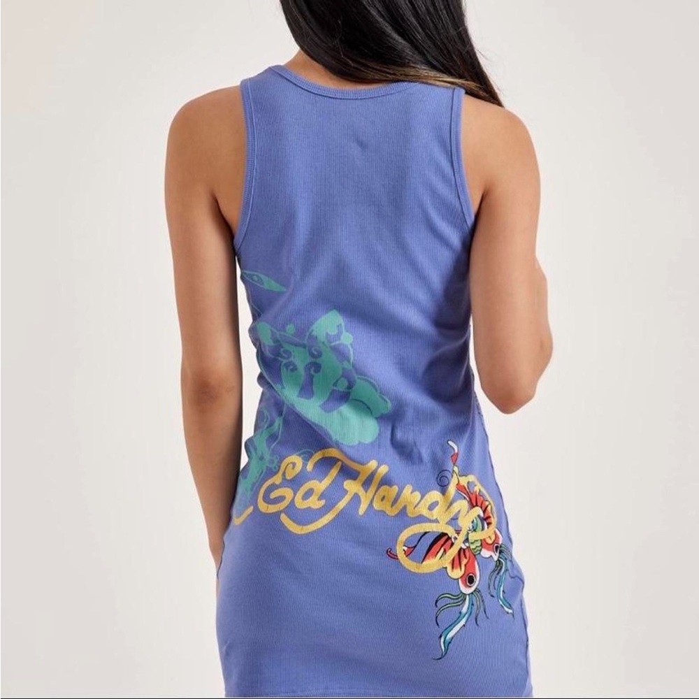 Ed Hardy Butterflies Rib Tank Dress in Pale Blue. Size XL. - Picture 4 of 12